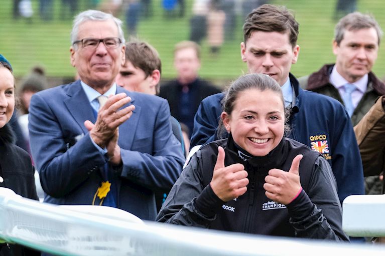 Bryony Frost thumbs up at Jump Finale.JPG